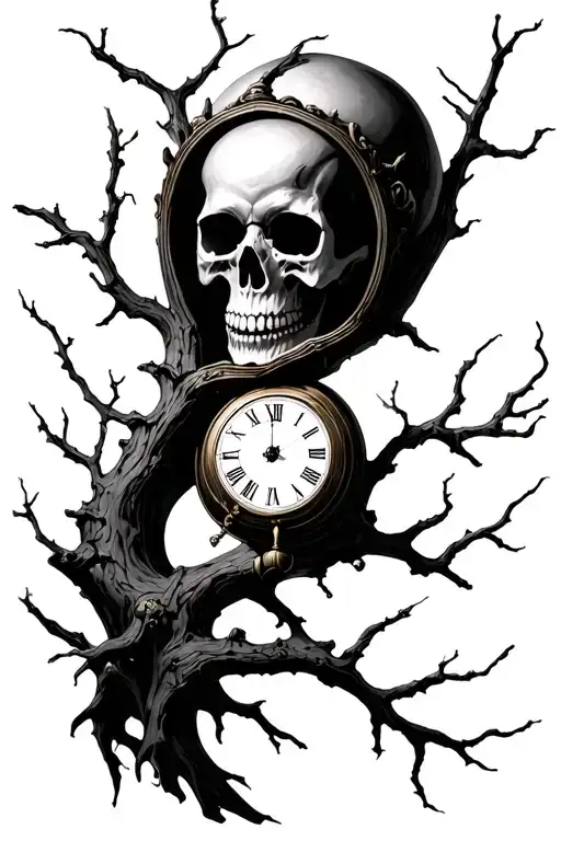 Skull And Clock Face Hidden Within Branches