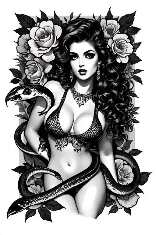 Thigh Tattoo With A Pin Up Girl With A Snake With Flowers
