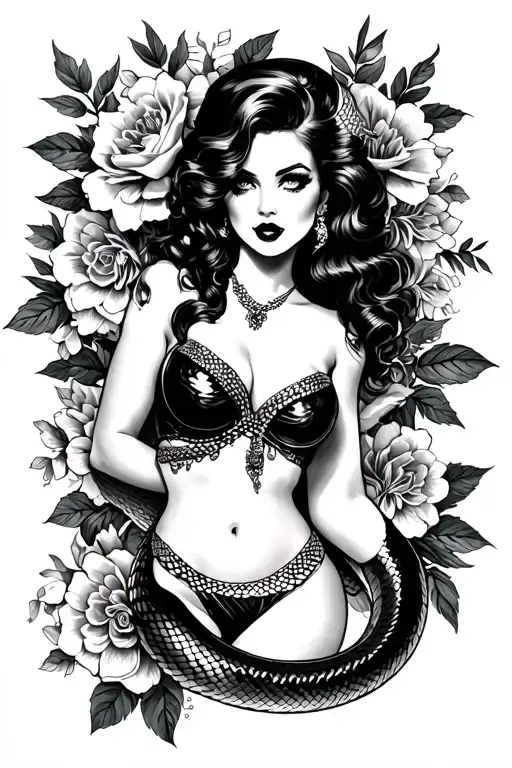 Thigh Tattoo With A Pin Up Girl With A Snake With Flowers