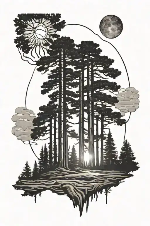 Redwood Treeline With Sun Behind