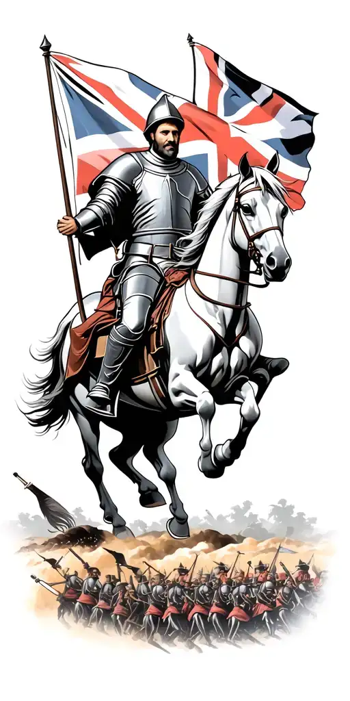 Medieval Knight Riding A Horse With The British Flag With A War Scene In The Background