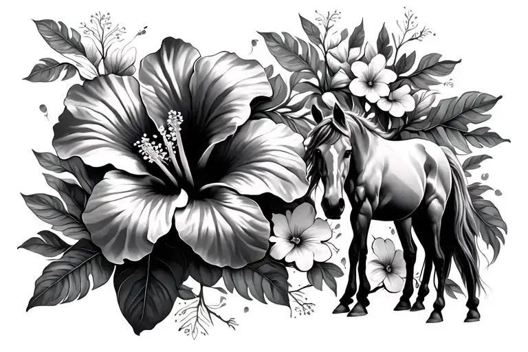 Large Hibiscus Flowers With Small Santan Flowers And A Small Horse