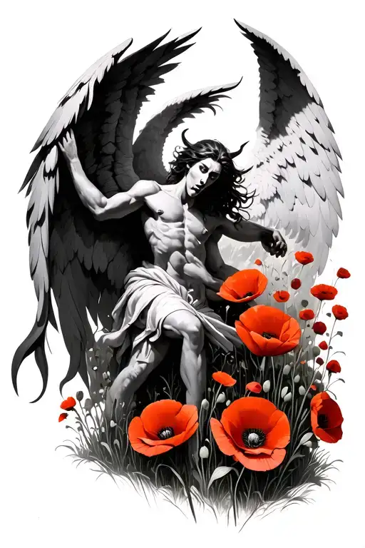 Angel Fighting A Demon In A Field Of Poppies Blooming