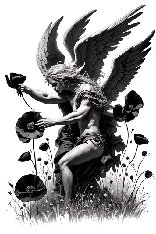 Angel Fighting A Demon In A Field Of Poppies Blooming