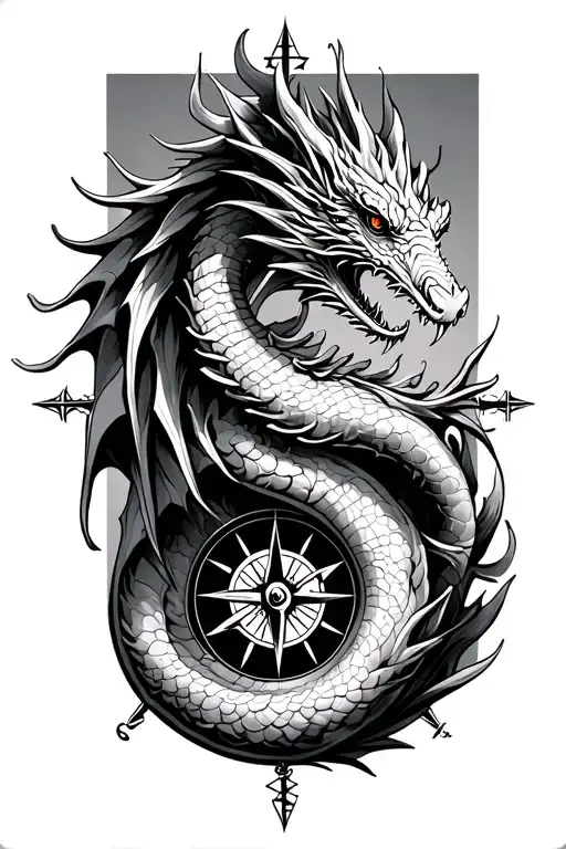 Sea Dragon With Marine Compass In Background Black