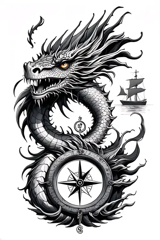 Chinese Sea Dragon With Marine Compass And Sale Ship In Background