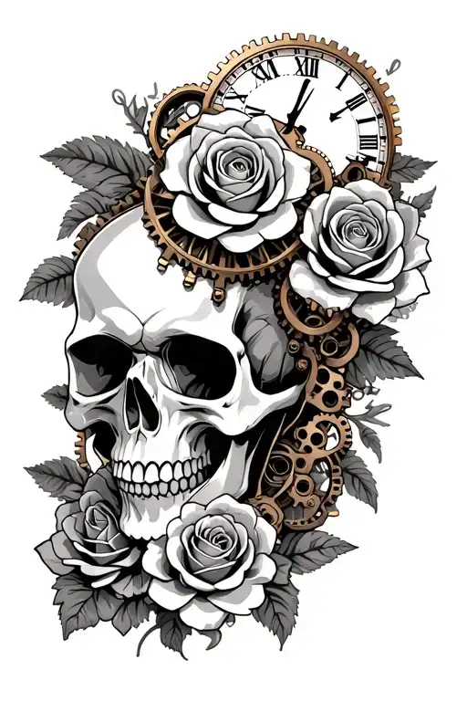 Steampunk Skull Surrounded With Roses And Clock Gears