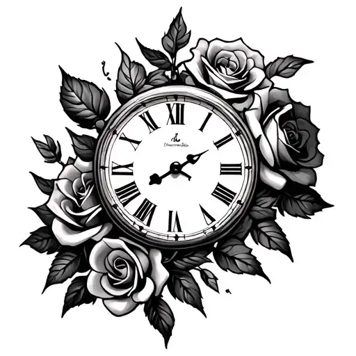 Roses And Clock Tattoo Roman Numerals
