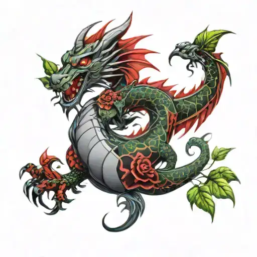 Patchwork Sleeve With Dragon In Red With Green Leaves On Lower Arm