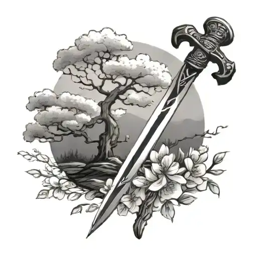 Sword By Grave Under A Cherry Blossom Tree