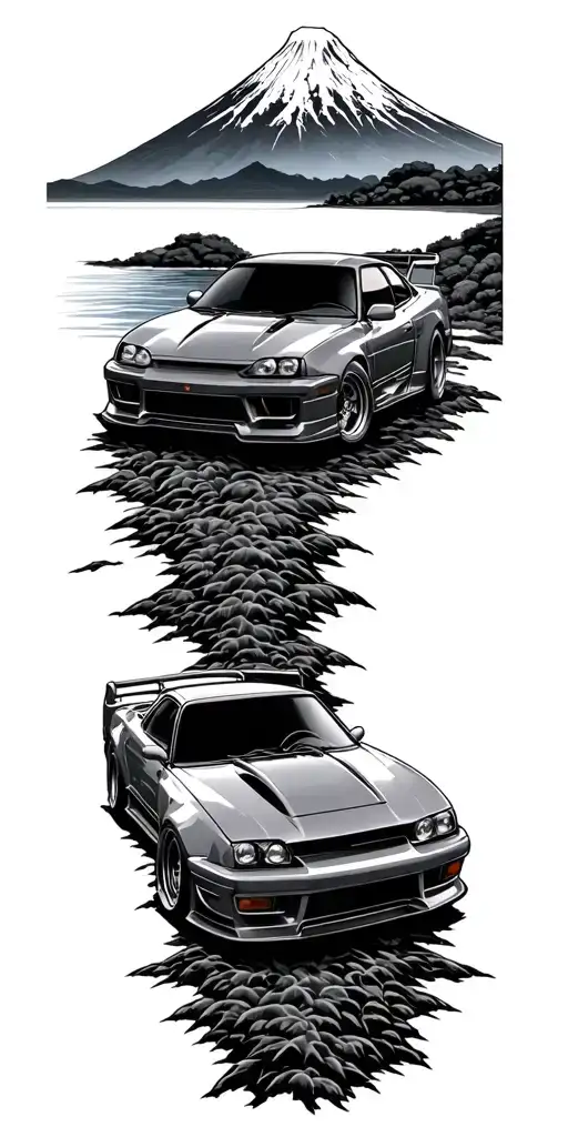 Cars Drifting With Japan Mount Fuji Background Black