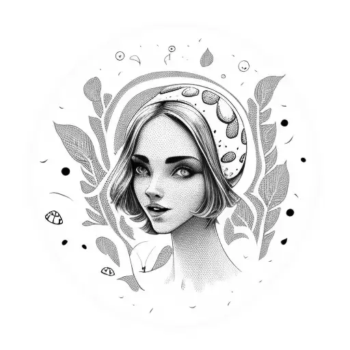 Cartoon Woman With Head Smaller Than Body Wearing Clothes With Many Patterns Sitting On A Mushroom