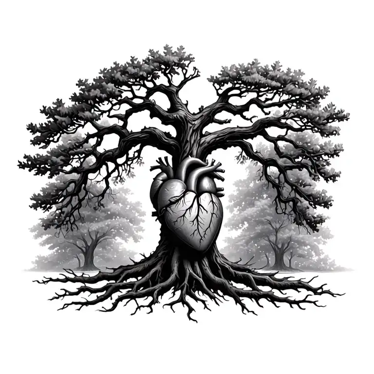 Oak Tree With Roots Attached To Human Heart