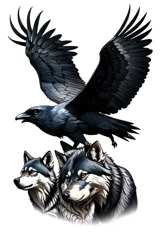 Large Raven Flies Over Grey Wolf With Two Wolf Cubs