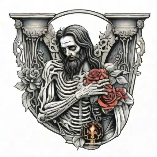 Jesus Christ Pouring A Bucket Of Water Over Kneeling Praying Skeleton With Rose Floral Background
