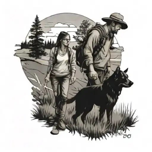 A Black And Grey Tattoo Of A Couple Exploring Together In The Countryside With Their 2 Dogs