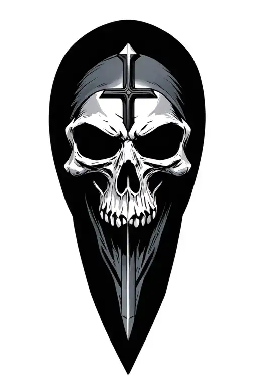 Grim Reaper Head With Cross Shaped Knife Through The Top Of His Skull