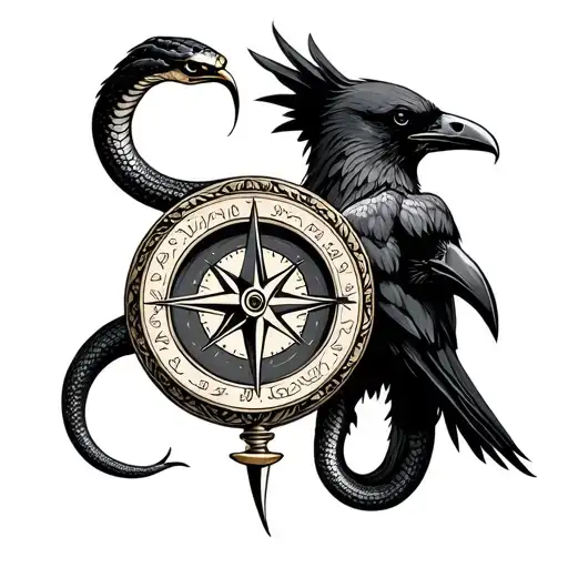 A Compass Entwined With A Snake Against A Raven