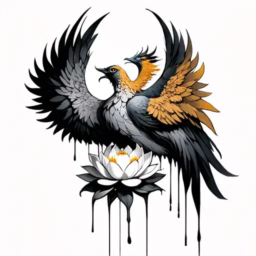 Phoenix With Its Wings Folded While Looking Down With A Lotus Flower Between Its Wings Dripping Gold