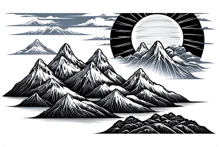 Traditional Japanese Style Line Art With Five Mountain Peaks With A Large Sun