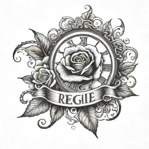 Reggie Name With Clock Surrounded And Rose Intertwined Half Sleeve Long