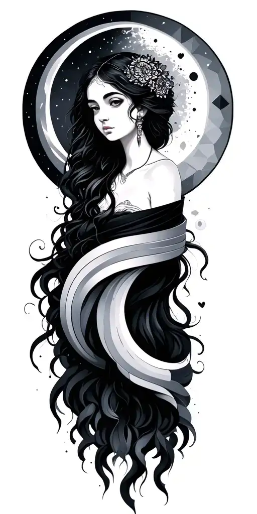 Geometrical Mandal Moon With Girl