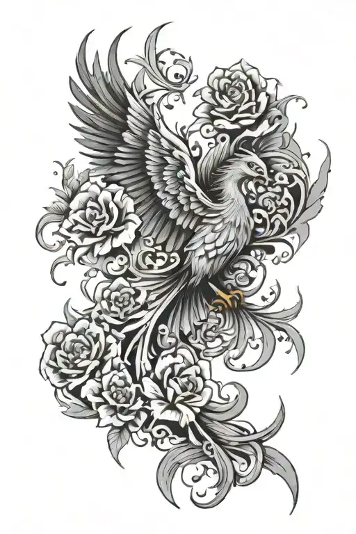 Phoenix Rising From The Ashes With Flower Growing For Shoulder