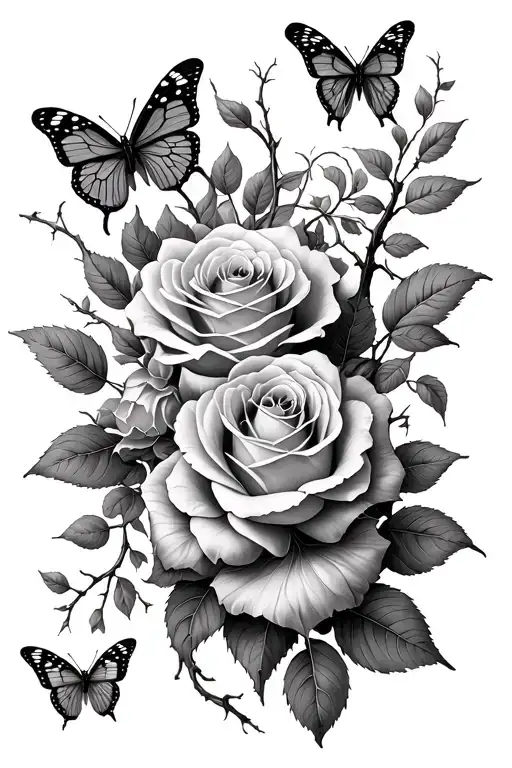 Roses And Thorn Vine Leading Up Followed With Butterflies And Mangrove Leaves