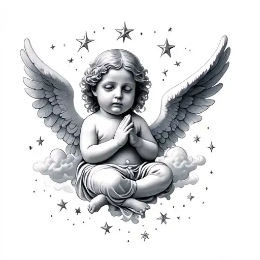 Porcelain Angel Baby Praying With Stars And Clouds