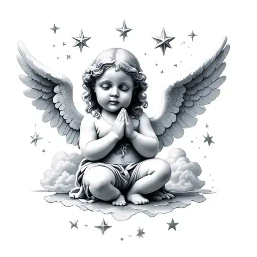 Porcelain Angel Baby Kneeling Praying With Stars And Clouds But The Angel Has Cracks