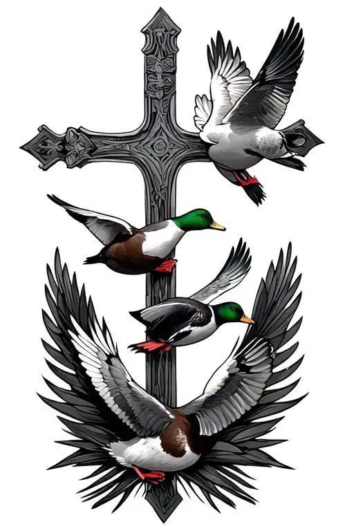 Cross And Ducks Flying