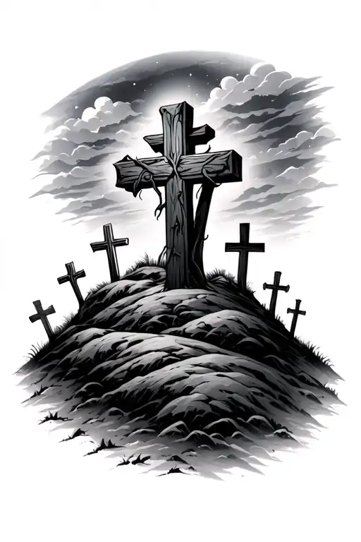 Crosses On Hill Dark Sky