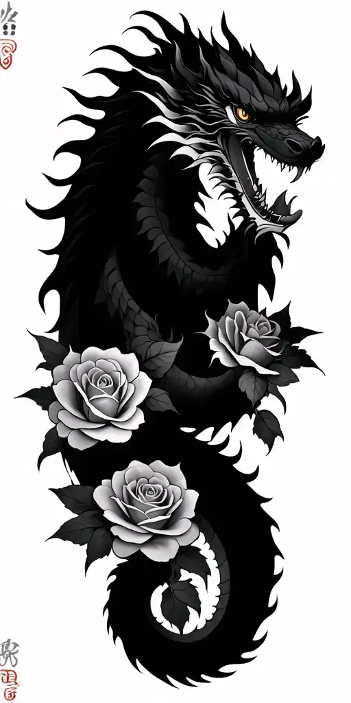 Japanese Dragon With Roses Intertwined