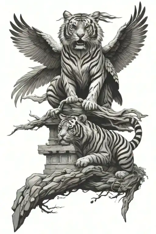 Tiger And Eagle Perched Atop A Stack