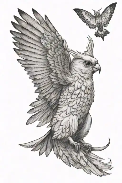 Cockatiel Wing Spread With Stray Cat Playing