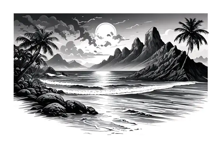 Beach Ocan Landscape Tattoo Featuring Mountains And A Palm Tree