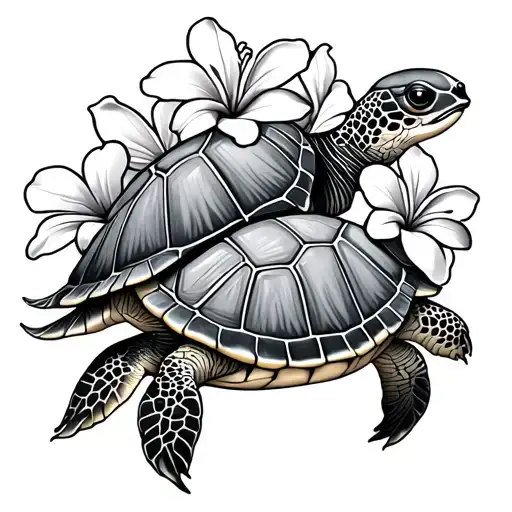 Mama Turtle And Baby Turtle With Plumeria Flowers