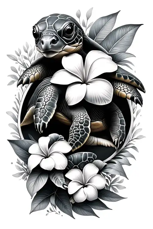 Mama Turtle And Baby Turtle With Plumeria Flowers
