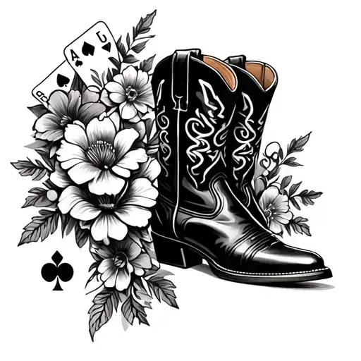 Cowboy Boots And Flowers With Playing Cards