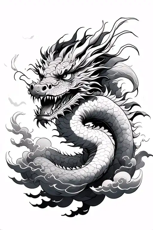 Japanese Dragon And Clouds Surrounding