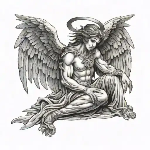 Tired Sitting Warrior Angel With Head Bowed In Between Legs And Wings Coming Up