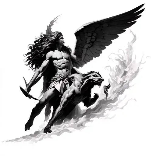 Warrior Angel Coming From Heaven Slaying A Demon