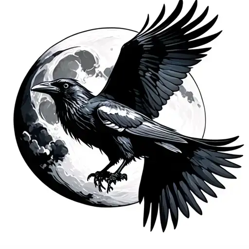 Flying Raven Around Moon