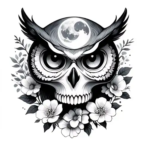 Big Skull Face Owl Moon Flowers Intertwined