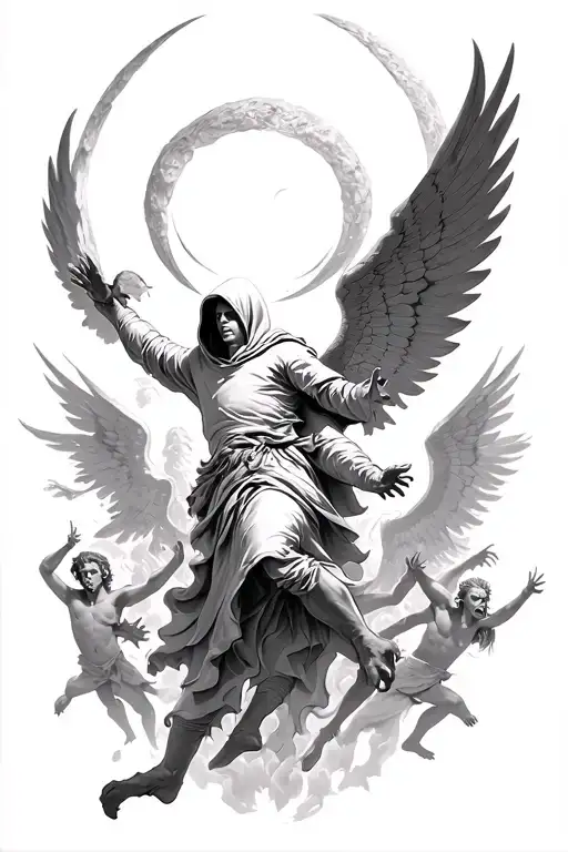 Hooded Arc Angel Flying Down To Defeat A Demon With Angels In The Background