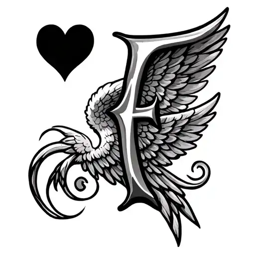 Letter E And Heart And Angel Wings