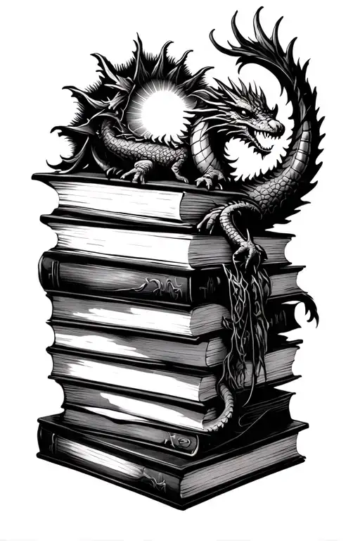 Stack Of Books With A Dragon And A Sun And Fairy Vibes