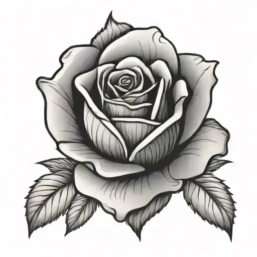 Line Out Line Black Tattoo Of Rose Flower With Leaves