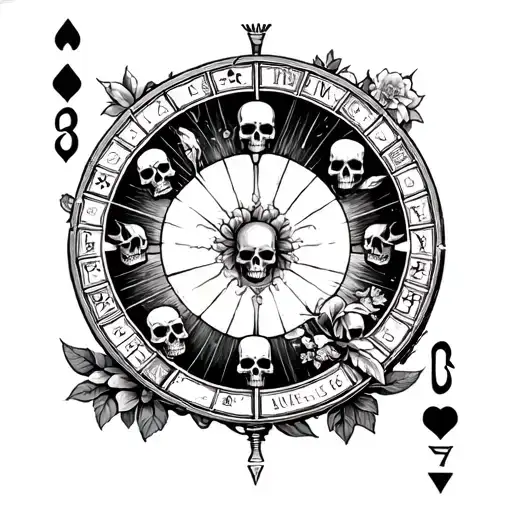 Wheel Of Fortune Tarot Card With Skulls And Flowers