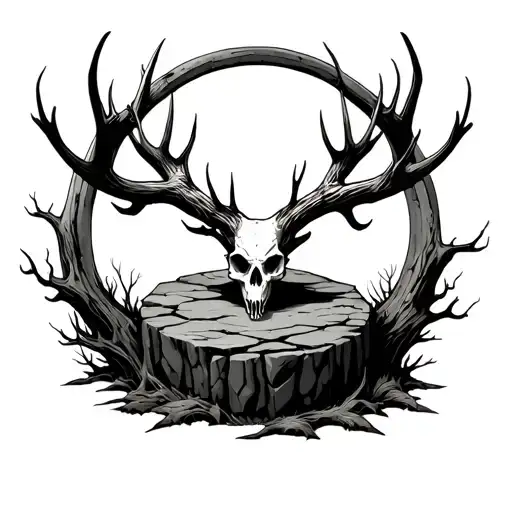 Wendigo Skull Antlers Forming A Tree Around A Circular Stone